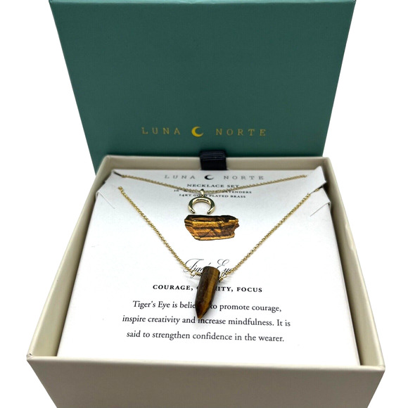Luna Norte Tiger Eye Necklace Set 14KT Plated Brass Courage Clarity Focus New - Picture 1 of 15